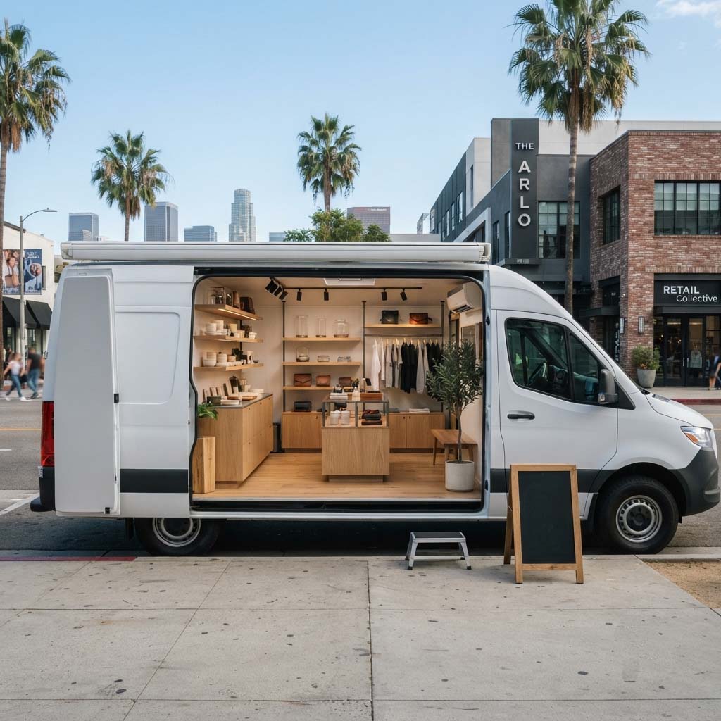 A custom-converted mobile boutique van parked on a Los Angeles city street, featuring high-end retail interior design, clothing racks, and shelving by Vanpire Customs