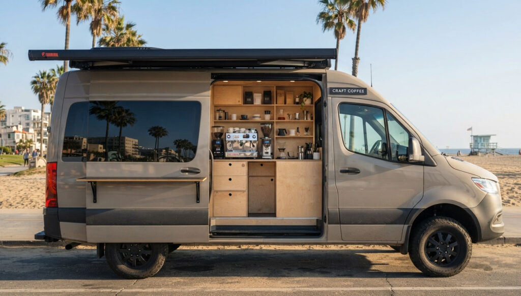 A custom Mercedes-Benz Sprinter converted into a high-end mobile craft coffee shop, parked beachside in Los Angeles, showcasing expert Vanpire Customs craftsmanship and modular design.