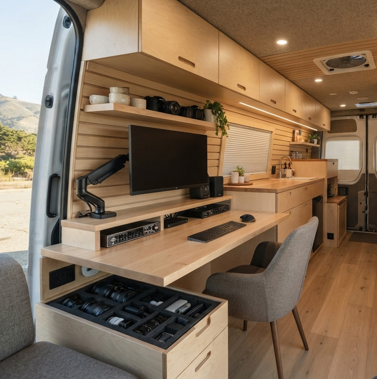 A professional mobile office and creative workspace conversion inside a custom van, featuring ergonomic desk setup, organized equipment storage, and minimalist birch wood design by Vanpire Customs in Los Angeles