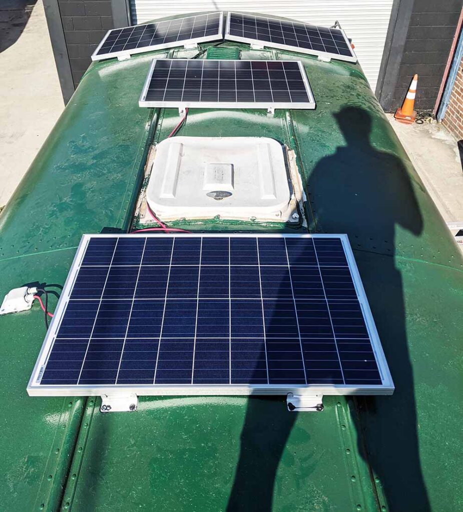 Professional solar panel installation on a custom camper van roof, performed by Vanpire Vans in Los Angeles and the surrounding area.
