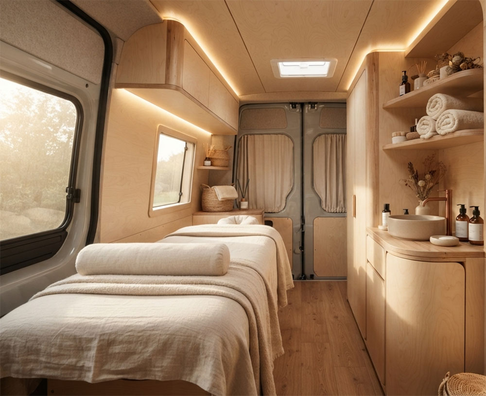 A luxurious, custom-built mobile wellness and massage spa inside a van conversion, featuring light wood finishes, ergonomic massage table, and spa-grade amenities by Vanpire Customs in Los Angeles