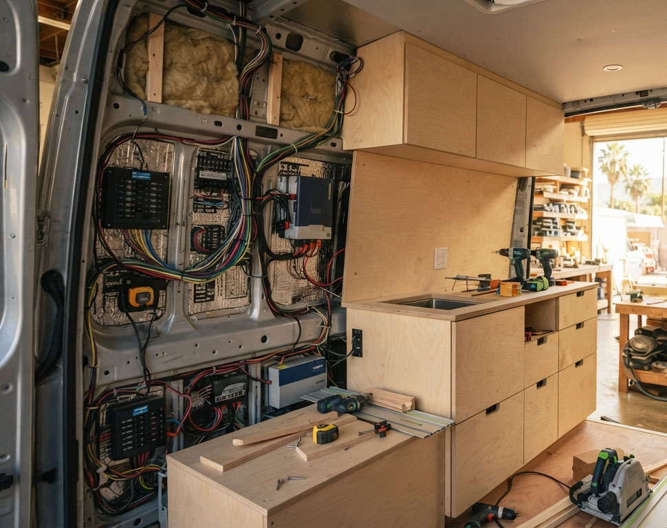 A meticulous, professional electrical system installation and custom cabinet build inside a commercial service van by Vanpire Customs in Los Angeles.