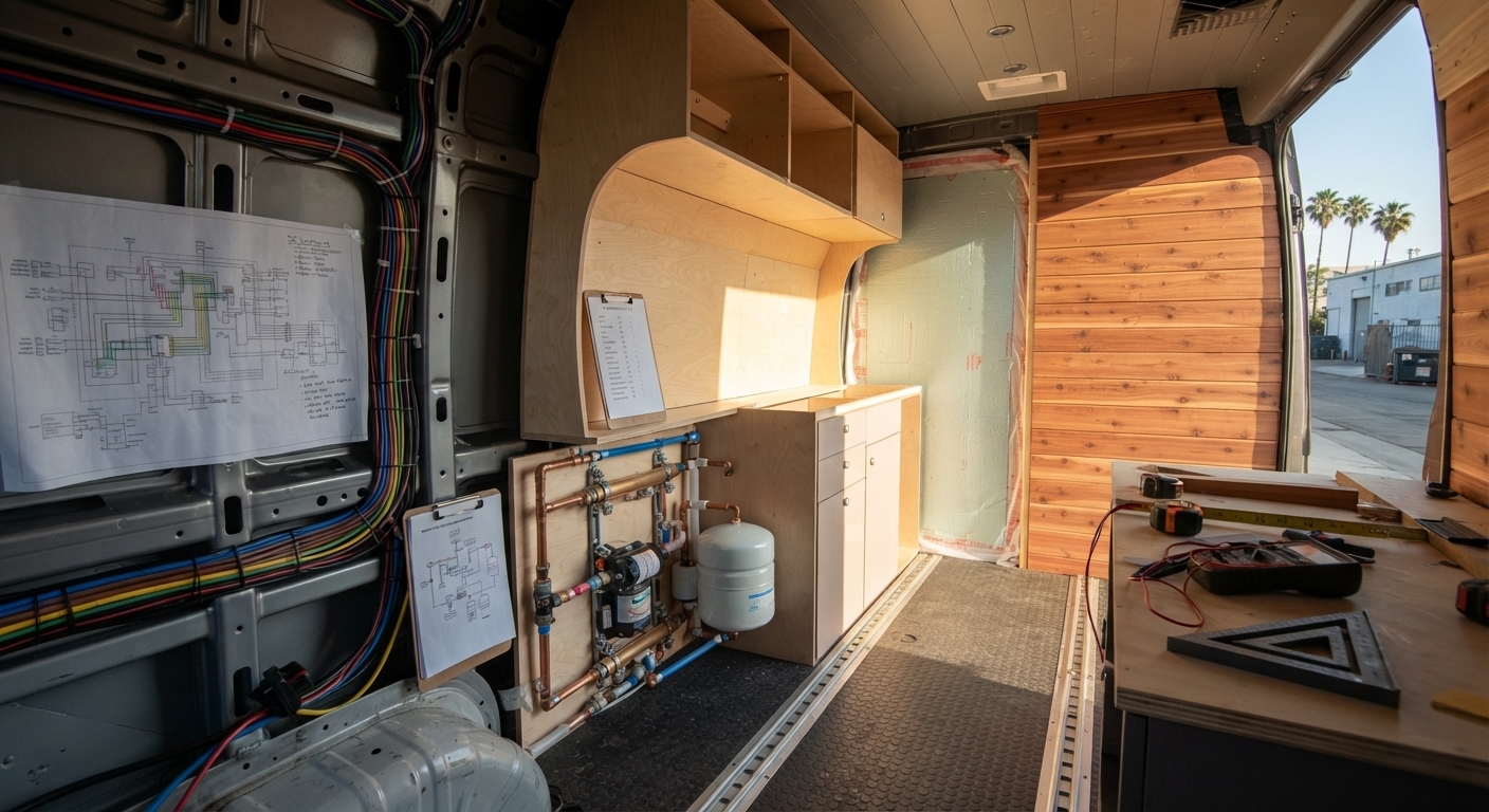 Interior view of van build showing complex plumbing manifold and electrical wiring diagram on wall in Los Angeles workshop