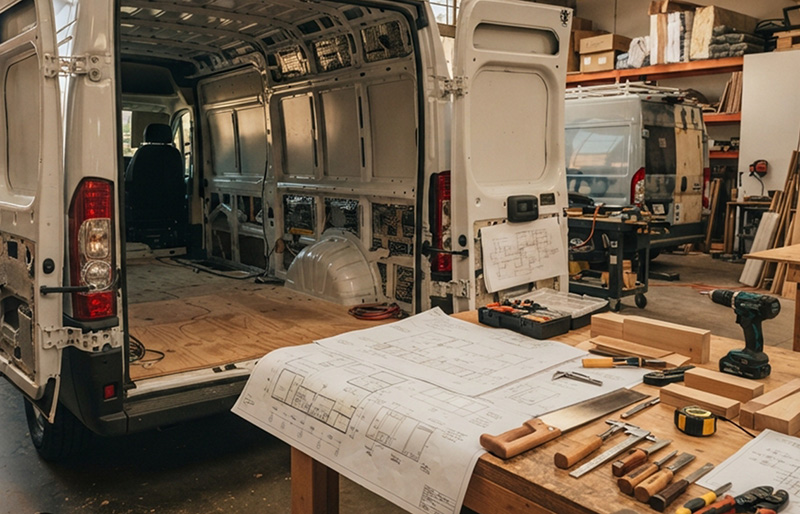 Wooden workbench in a bright Los Angeles workshop featuring engineering blueprints, woodworking tools, and a white cargo van with open doors in the background.