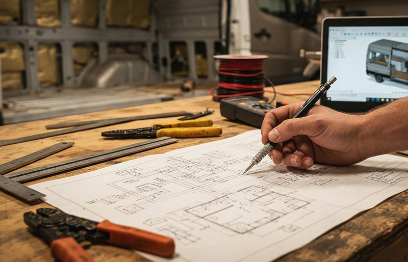 expert hand pointing at van electrical wiring diagrams and floor plans on workshop bench